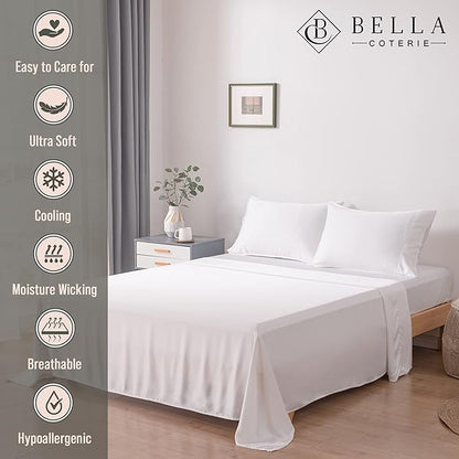 Bella Coterie Luxury Bamboo Viscose Cal King Size Sheet Set | 100% Organically Grown | Ultra Soft | Cooling for Hot Sleepers | 18" Deep Pocket [White]