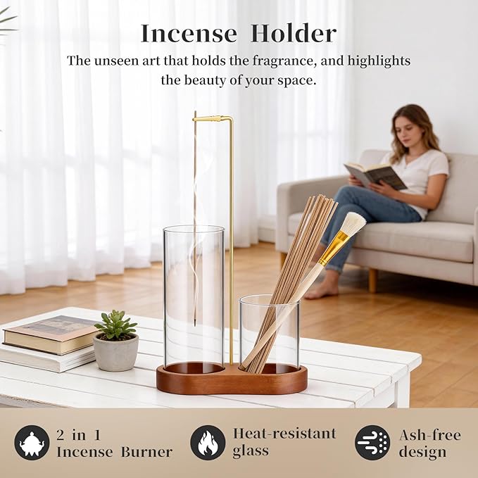 Norvy 2 in 1 Incense Holder for Sticks,Burner Holder with Storage Upside Down,Wooden Incense Burner with Glass Ash Catcher for Meditation Yoga Spa, Includes Ash Brush and 2 Storage Tubes