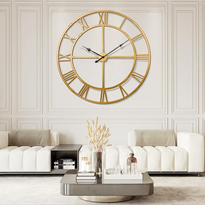 Large Wall Clock for Living Room Decor – 60 Inch Silent Non-Ticking Modern Farmhouse Wall Clock, Oversized Decorative Metal Roman Numeral Clock (Gold, 60 Inch)