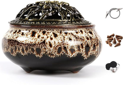 Incense Burner with Calabash Incense Stick Holder - Porcelain Charcoal Censer for Use with Resin Granular Powder Cone or Coil Incense (Fambe Gray)