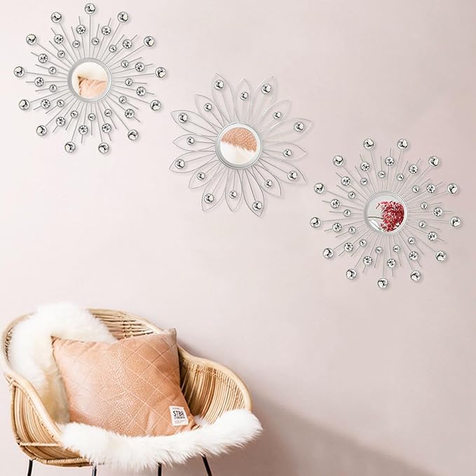 Uaussi 3 Pack Crystal Sunburst Wall Mirror Décor Rhinestone Mirrors Decorative Home Wall Art for Living Room Bedroom Entryway(Flower+Sunburst Silver)