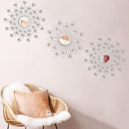 Uaussi 3 Pack Crystal Sunburst Wall Mirror Décor Rhinestone Mirrors Decorative Home Wall Art for Living Room Bedroom Entryway(Flower+Sunburst Silver)