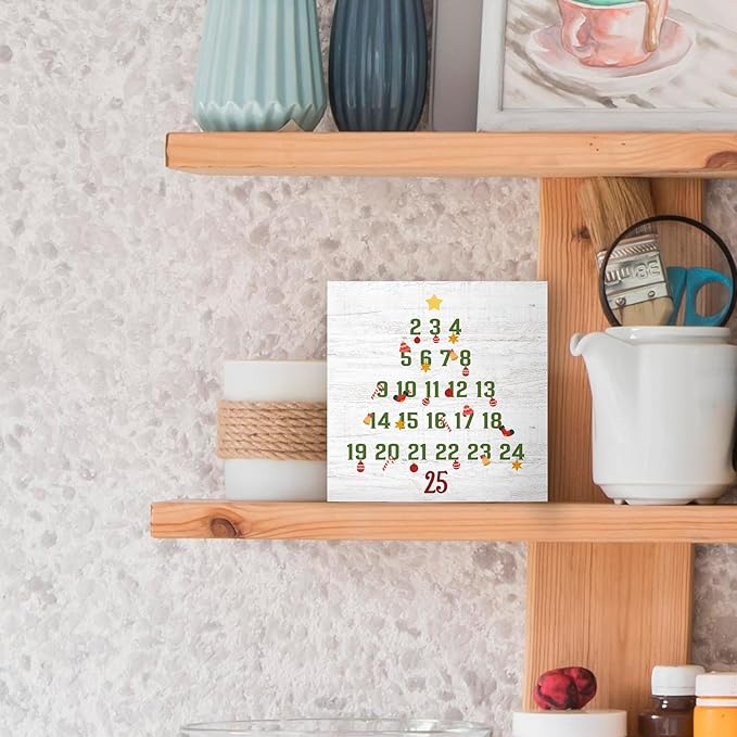Christmas Countdown Calendar Tree Wood Box Sign Desk Decor, Christmas Countdown Decor, Christmas Countdown Wooden Block Sign Decorations for Home Room Wall Tabletop Shelf Decor, 5X5 Inch