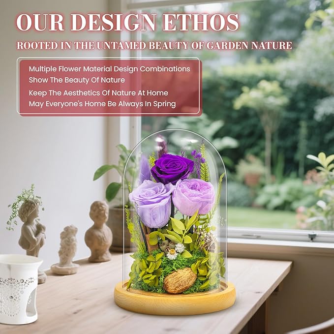 Forever Flowers Preserved Roses Prime Delivery For Women, Glass Dome Light Up Preserved Flowers , Christmas Anniversary Thanksgiving Gifts For Wife Girlfriend Women Best Friend Grandma(Purple)