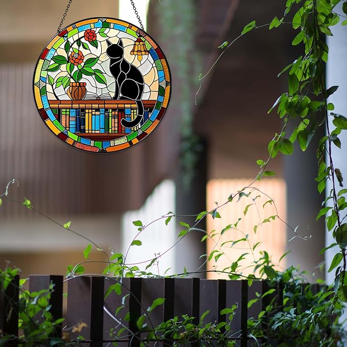 Cat Sun Catcher Stained Glass Window Hanging Book Lover Gifts for Women Book Wall Decor Handmade Sun Catcher Black Cat Sitting On Bookshelf Decoration for Home Room Housewarming Gifts