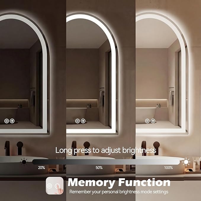 Sweetcrispy 24"×36" LED Bathroom Mirror with Lights, Arched Vanity Mirror with Anti-Fog, Dimmable, 3-Color Light, Memory Function, Tempered Glass