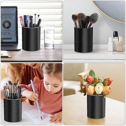 RQB Metal Pen Holder for Desk Round Aluminum Desktop Organizer and Makeup Brush Holder Storage Box for Office, School, Home, and Kids, Non-slip silicone bottom3.9×3.14inch (Black)