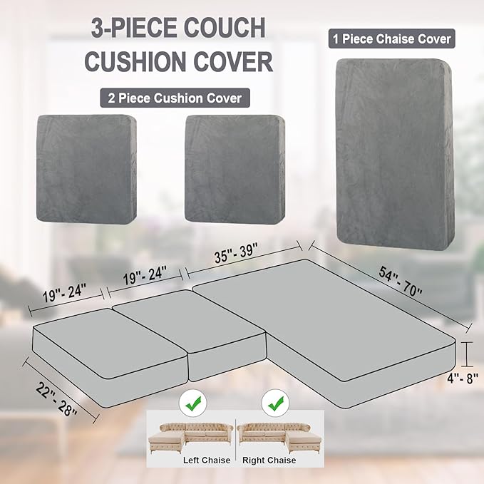 NAISI Sectional Couch Cover 3 Pieces Velvet Separate Couch Cushion Covers L Shape Soft Stretch Sofa Slipcovers with 2pcs Pillowcases for Left/Right Chaise Sectional Couch(2 Seater+1 Chaise,Light Grey)