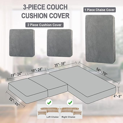 NAISI Sectional Couch Cover 3 Pieces Velvet Separate Couch Cushion Covers L Shape Soft Stretch Sofa Slipcovers with 2pcs Pillowcases for Left/Right Chaise Sectional Couch(2 Seater+1 Chaise,Light Grey)