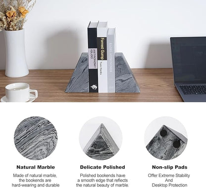 Marble Bookends for Heavy Books, Decorative Book Ends for Shelves, Unique and Heavy-Duty Book Ends for Hardback Book & CDS, Stone Book Stopper, Modern Book Holder, Monte Grigi, Set of 2
