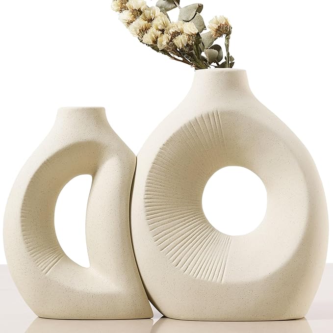 Ceramic Vase Set of 2 - Handcrafted Ceramic Vases for Home Decor & Shelf - Modern Farmhouse Decor for Kitchen, Office, Bedroom & Living Room Decorative Objects for Mantel, Table Centerpieces