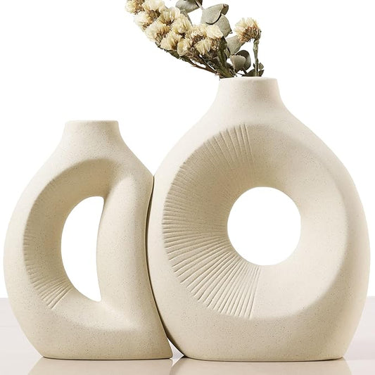 Ceramic Vase Set of 2 - Handcrafted Ceramic Vases for Home Decor & Shelf - Modern Farmhouse Decor for Kitchen, Office, Bedroom & Living Room Decorative Objects for Mantel, Table Centerpieces