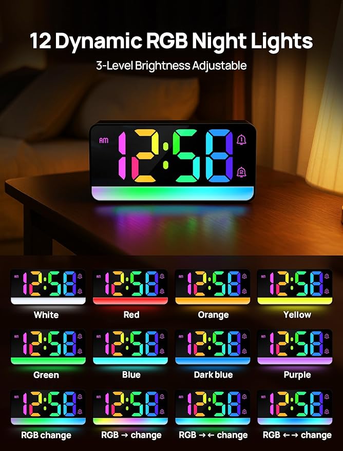 MASHI Loud Alarm Clock for Heavy Sleepers,Digital Clock with 12 Color NightLight,Adjustable Volume,Dynamic RGB Color, Snooze, DST Bedrooms Bedside,ok to Wake for Kids,Teens