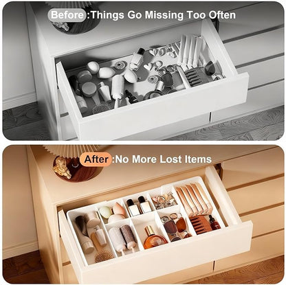 Expandable Desk Drawer Organizer, Acrylic Drawer Organizer Trays with 11 Adjustable Compartments 6 Removable Dividers Desk Accessories for Makeup Utensil Junk Office Kitchen Bathroom ( White, 1Pcs )