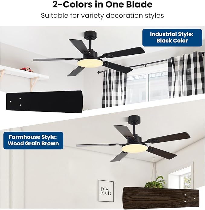 52 Inch Ceiling Fans with Lights and Remote for Bedroom Living Room Kitchen Office, Indoor/Outdoor Use, 5CCT Dimmable, 5 Blades 6 Speed Reversible Quiet DC Motor, Black/Wood Grain, 2 Pack