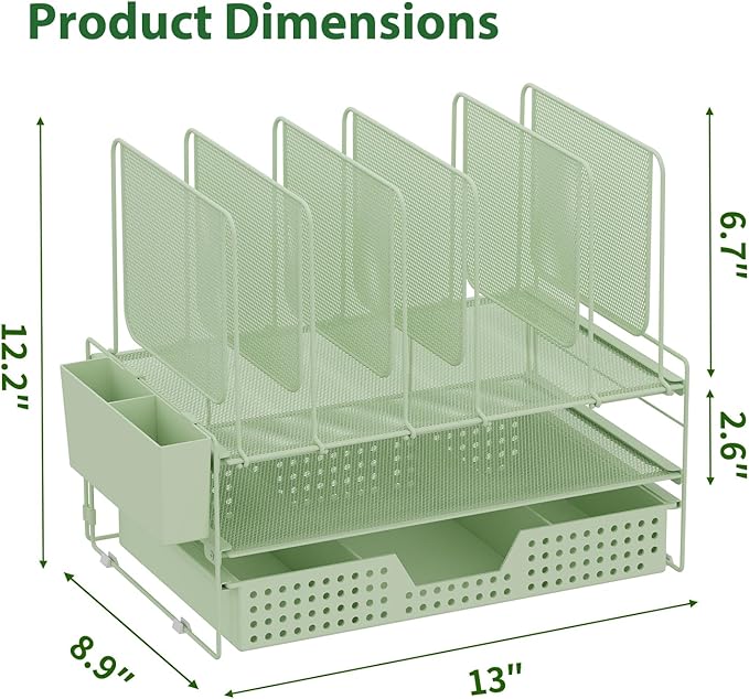 Green Desk Organizer, Office Organization with Vertical File Holder, File Organizer with Drawer and Pen Holder, Desk Accessories and Workspace Organizers for Home Office (Green)