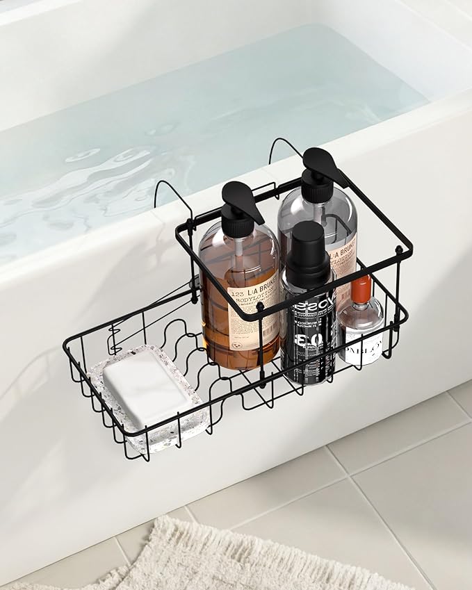 Rustproof Hanging Shower Caddy for Bathtub, Stainless Steel Shower Caddy for Tub Side, Hanging Shower Organizer Basket for Shampoo, Conditioner, Soap & Bath Accessories, Easy Install, Matte Black