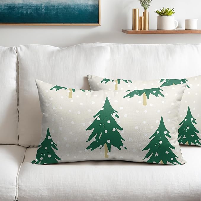 Christmas Tree Lumbar Pillow Covers 12x20 Set of 2 Green Beige Xmas Snow Pattern Rustic Decorative Outdoor Farmhouse Pillowcases Decorations Winter Holiday Throw Cushion Cover Decor for Couch Sofa Bed