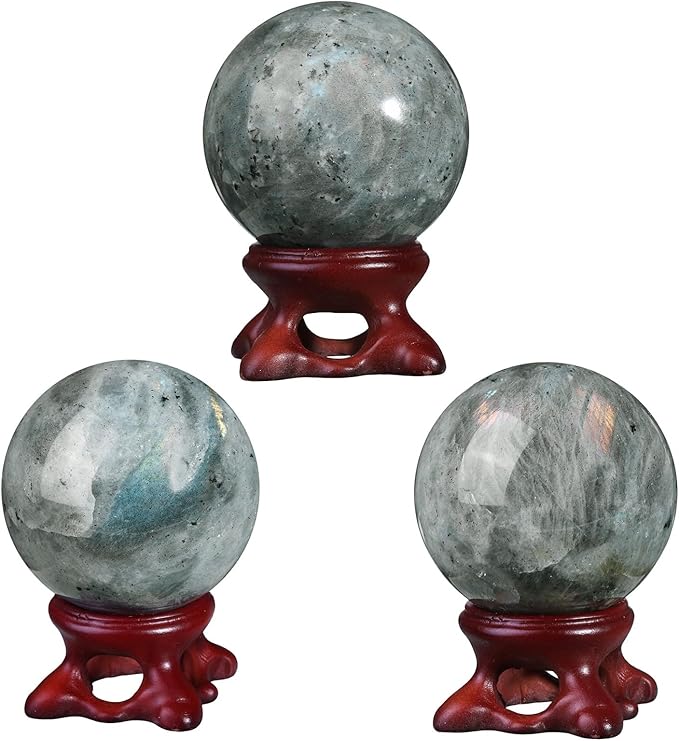 mookaitedecor Natural Labradorite Crystal Ball with Resin Stand, Decorative Stone Sphere Ball for Feng Shui Meditation Divination Home Decor, 1.61-1.97 Inch (41-50 mm)