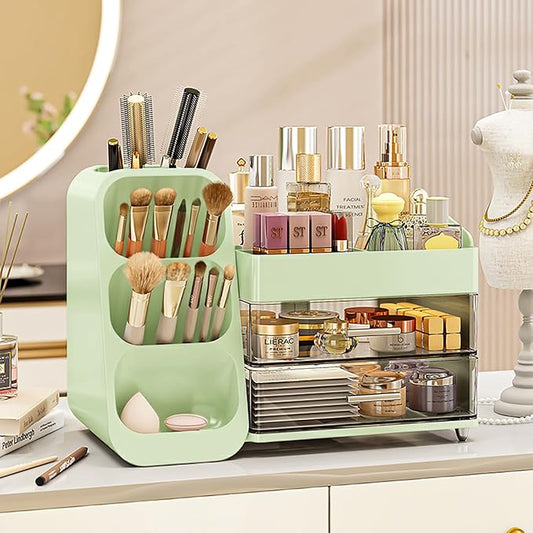 Makeup Organizer with Drawers,Large Capacity Countertop Organizer for Vanity,Bathroom and Bedroom Desk Cosmetics Organizer,Easy To Storage Skincare,Brushes,Lotions,Lipstick (Green)