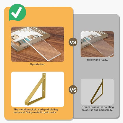 Clear Shelves, Gold Floating Shelves Wall Mounted Set of 2, 8mm Transparent Acrylic, Invisible Wall Shelves for Bedroom, Living Room, Bathroom, Kitchen, Office Display Decor (13in)