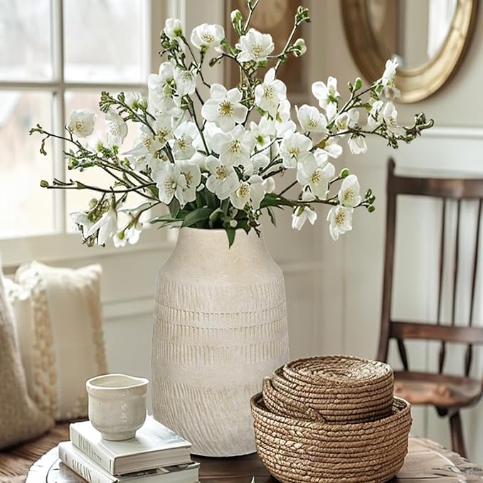11" Rustic Ceramic Vase with Irregular Flutes Texture & Sand-Grain Surface, Antique Vase for Pampas & Vibrant Flowers, Warm-Toned Style, Beige White