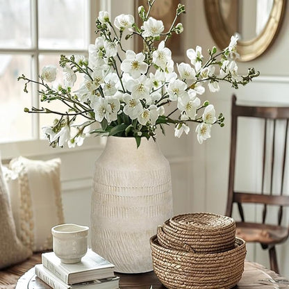 11" Rustic Ceramic Vase with Irregular Flutes Texture & Sand-Grain Surface, Antique Vase for Pampas & Vibrant Flowers, Warm-Toned Style, Beige White
