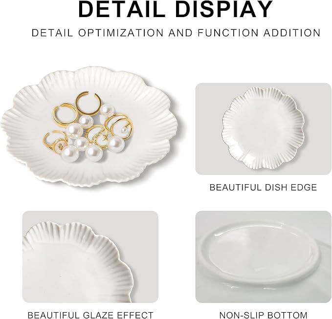 Ceramic Jewelry Dish, Decorative Tray for Rings Earrings Necklaces Bracelet Watch Keys, 4.50" Trinket Tray as Gifts for Women (White Flower)