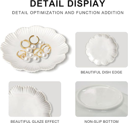 Ceramic Jewelry Dish, Decorative Tray for Rings Earrings Necklaces Bracelet Watch Keys, 4.50" Trinket Tray as Gifts for Women (White Flower)