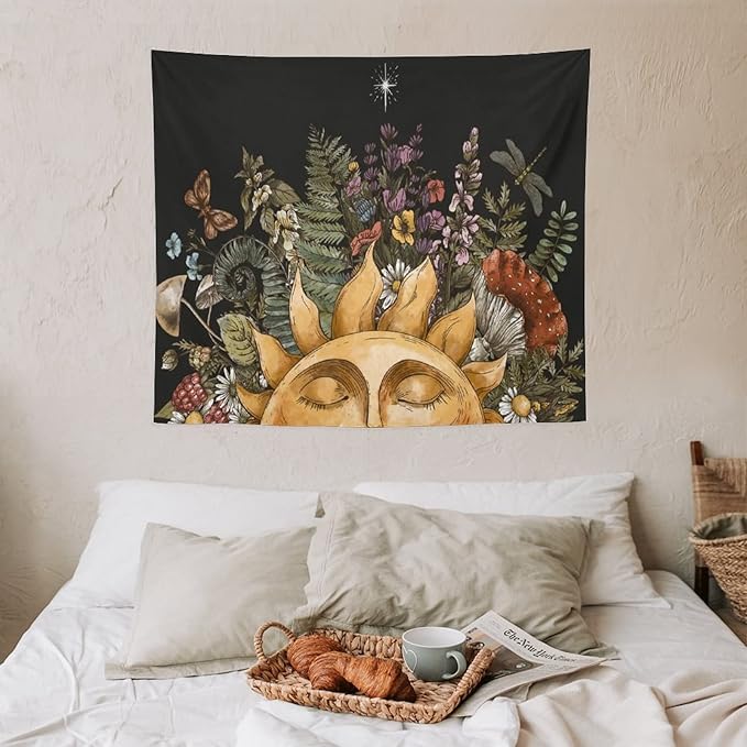 Vintage Sun Tapestry Wall Hanging,Hippie Boho Mushroom Floral Plant Tapestries for College Dorm Living Room Bedroom Decor(50"x60")