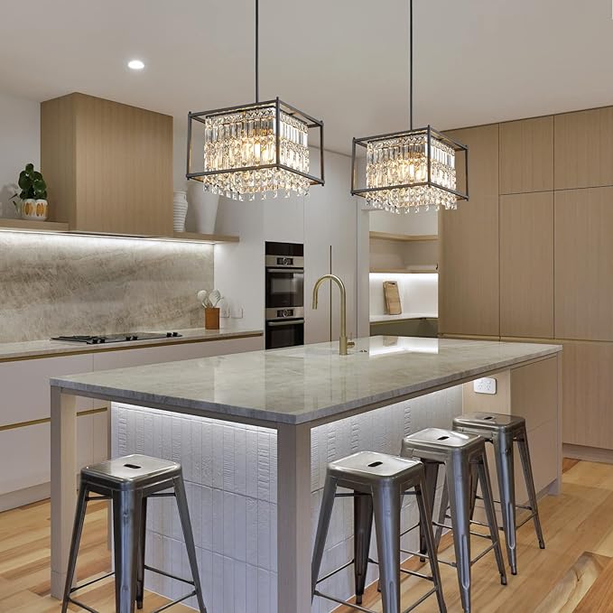 LMQNINE Modern Foyer Chandelier, Black Crystal Chandelier Entryway Pendant Light Fixture, Square Adjustable Height Chandeliers for Kitchen Island, L15.74'' x H9.84''