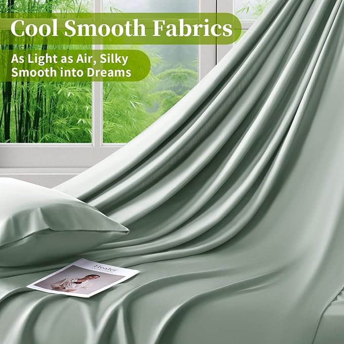 Shilucheng 100% Viscose Derived from Bamboo_ Sheets Full Size 4pcs - Ultra Cooling & Silky Soft Bed Sheets, 16" Deep Pocket, Perfect for Hot Sleepers, Hotel Bedding Sheets (Sea Glass)