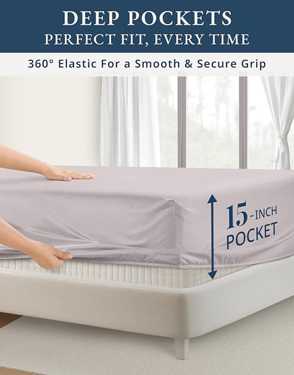 LANE LINEN 100% Egyptian Cotton Bed Sheets Queen Size, Long Staple Soft & Comfy Sateen Weave No Pill Fade Resistant Queen Size Bedding Set, Machine wash 15'' Deep Pocket Queen Sheets - Gray Lilac