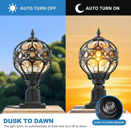 Dusk to Dawn Outdoor Lamp Post Lights, Aluminum Rust-proof Globe Post Light for Porch Front Door Driveway Lawn Garden, Black Sphere Exterior Pillar Post Light, Hardwired 3" Pier Mount Post Lantern