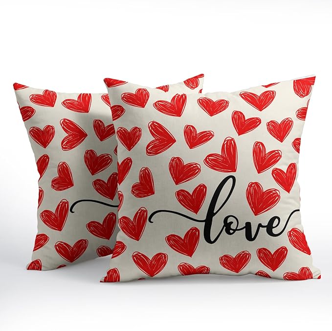 Valentines Day Pillow Covers 18x18 Set of 2 Red Heart Throw Pillow Covers Love Pillowcase Linen Decoration Farmhouse Holiday Cozy Soft Cushion Case Couch for Indoor Outdoor Home Decor