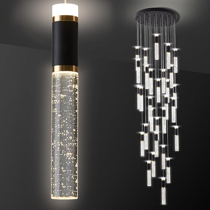 30-Lights Large Chandelier for High Ceiling Long Crystal Modern Foyer Chandelier for Hallway Dimmable Led Pendant Light for Entryway