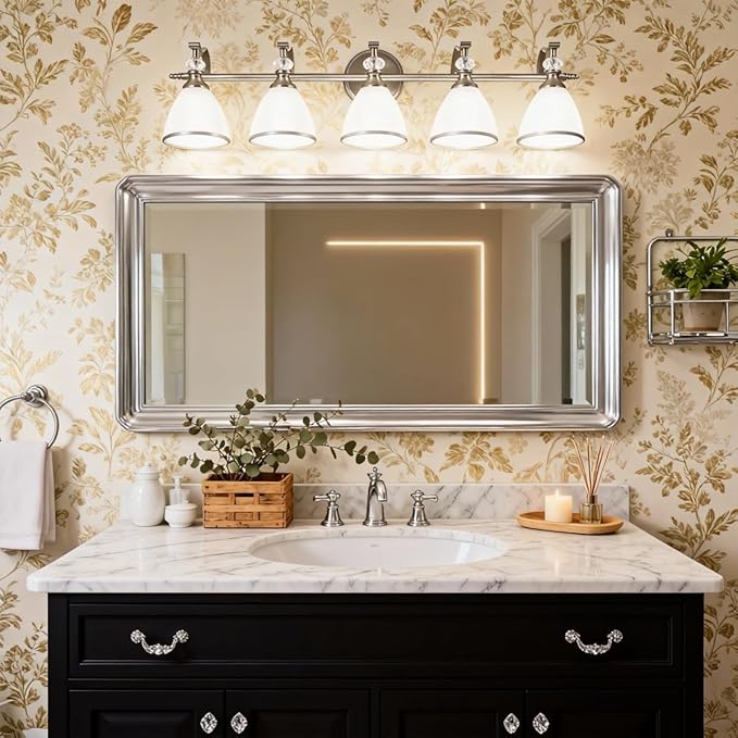 ANDY STAR Bathroom Lighting Fixtures, 5-Light Brushed Nickel Vanity Light with Milky Glass Shade, 35" Large Vanity Lights for Bathroom, E26 Socket, for Mirror, Living Room, Bedroom, Hallway