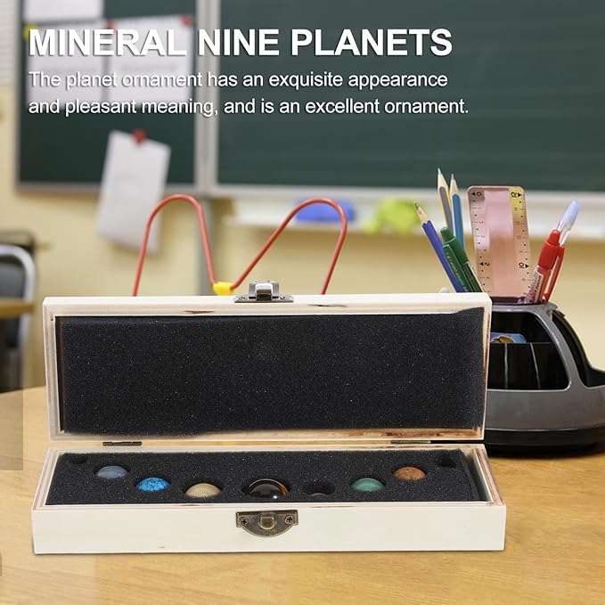 Garneck Mineral Nine Planets Solar System Decor Set with Natural Crystal Spheres, Round Planet Stones Desktop Adornments for Science Education and Home Display in Wooden Box