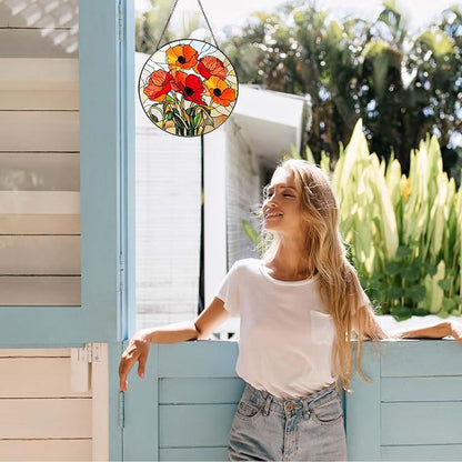 California Poppy Forest Sun Catcher 6'' Stained Glass Window Hanging Flower Lover Gifts for Women Red Poppy Kitchen Decor Suncatcher Decoration for Home Garden Housewarming Gifts