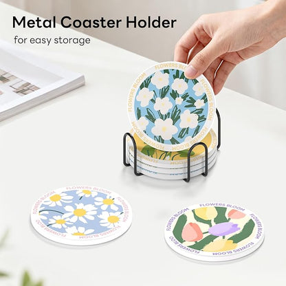 6-Piece Ceramic Coaster Set with Tray Diameter: 3.94 in Thickened Absorbent Material Heat-Resistant and Water-Absorbent Coaster Set Suitable for All Types of Cups， Flowers