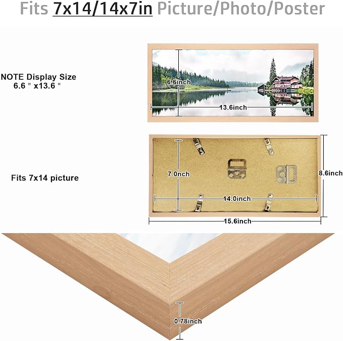 7x14 Frame Natural Woodgrain,Rustic 14x7 Picture Frame Beige, Art Pic Hanging Poster Frame, 7 by 14 Gallery Family Concert Portrait Photo Frame Horizontal Vertical Display Gift