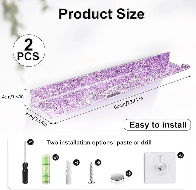 Rainbow Glitter Acrylic Floating Shelves, 23.6" Wall Mounted Nursery Bookshelves, Display Ledge for Books Toys Cosmetic Storage, Bathroom Bedroom Living Room Wall Organizer, 2 Pack, Purple