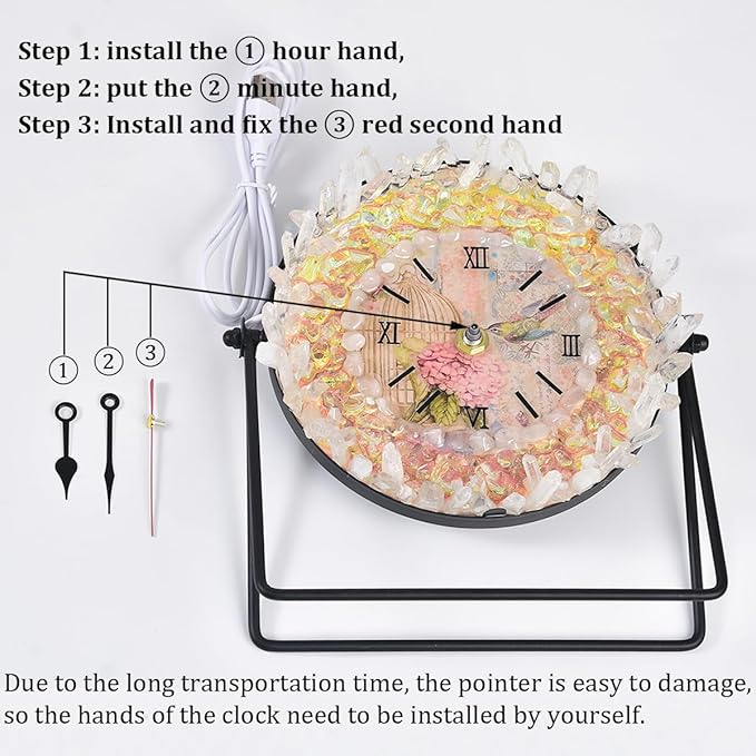 JIC Gem Clear Quartz Crystal Clock with Lamp Decorative Desk Clock USB Port Night Light Home Office Decor