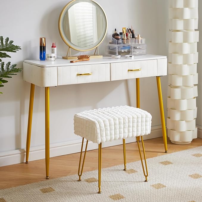 IBUYKE Rectangular Footrest Stool Ottoman, Makeup Vanity Stool Side Table, Velvet Dressing Table Seat, Footstool Chair, Golden Steel Legs, for Makeup Room, Bedroom, Square Grid Pattern, White WBD003W