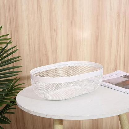 Metal Mesh Steel Basket, Oval Metal Wire Storage Organizer Baskets Multi Functional Kitchen Baskets Countertop Fruit Baskets Garden Harvest Basket for Kitchen Picnic Decor Cabinet Home, White