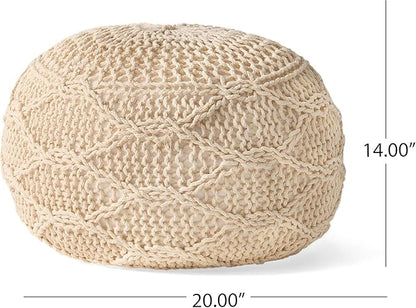Knitted Cotton Round Pouf - 20x20, Modern Design, Soft Cotton, No Assembly, Porch Ottoman for Living Room, Gray, Ivory (Pouf - Ivory)