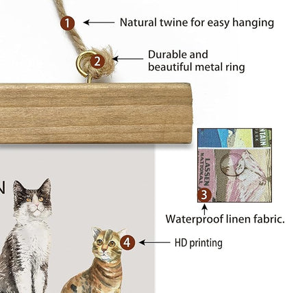 XIAOAIKA Cat Breeds Educational Poster - Illustrated Guide to Popular Feline Varieties with Wooden Scroll Frame - Decorative Wall Art for Cat Lovers and Pet Owners 12 x 16 Inches