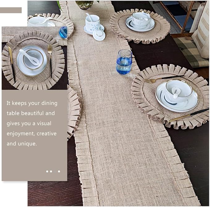 2Pcs Round Woven Jute Placemats with Ruffled Edges Retro Rustic Insulated Table Mats Non-Slip Decorative Place Mats for Dining Kitchen Parties and Restaurants
