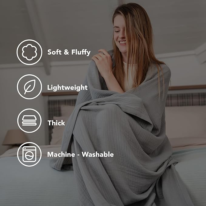 Goqan Muslin Blanket Queen 79x90 – 100% Turkish Cotton 4 Layer Boho Muslin Blanket for Adults, Four Season, Lightweight and Thin, Soft, Breathable for Bed - Light Grey
