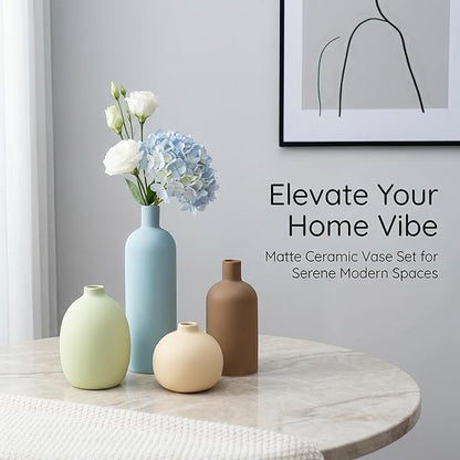 Ceramic Vase Set of 4, Modern Minimalist Colors Home Decor, Rustic Decorative Flowers Vases for Bouquet, Pampas | Table Mantel Centerpiece Bookshelf Living Room Bedroom (Minimalist Mix Set of 4)